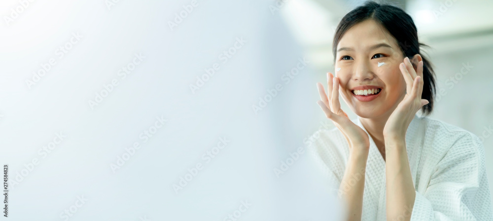 beautiful asian woman bare skin in white bathrobe wash and clean facial with care in morning freshness sunlight beautiful asian woman bare skin in white bathrobe wash and clean facial with care in morning freshness sunlight
