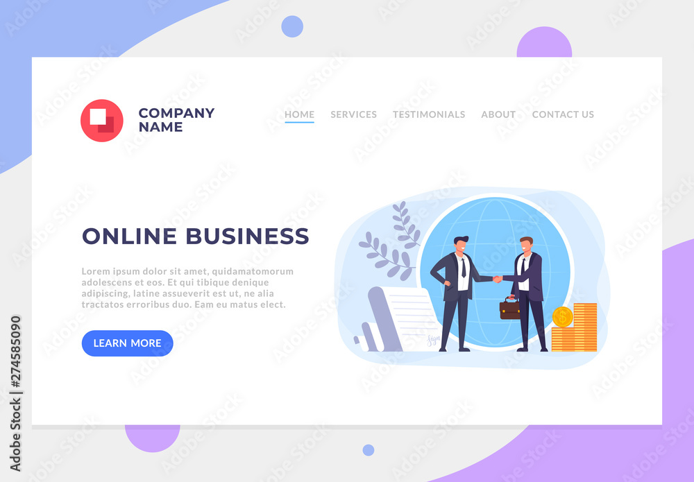 Two businessman office workers characters shaking hands. Online business deal agreement success service banner poster website page interface concept. Vector flat graphic design cartoon illustration