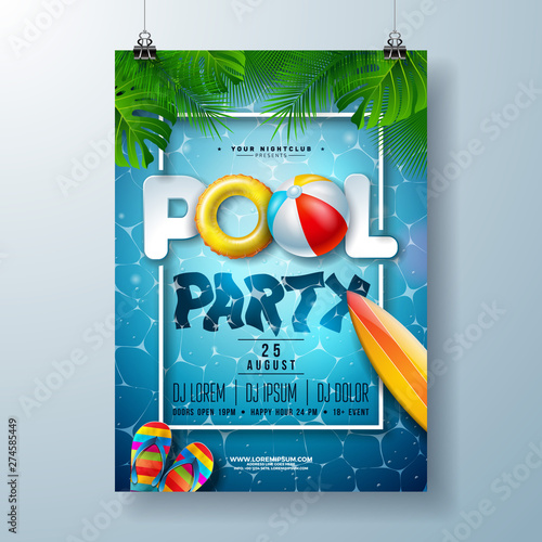 Summer pool party poster design template with palm leaves, water, beach ball and float on blue ocean landscape background. Vector holiday illustration for banner, flyer, invitation, poster.