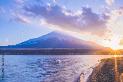 Mount Fuji and Swan Lake at sunset