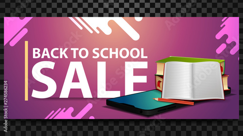 Back to school sale, discount horizontal banner with a smartphone, school textbooks and notebook
