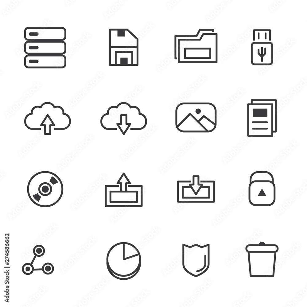Set of storage and file related icon such as save icon, folder icon, disk ico Set of storage and file related icon such as save icon, folder icon, disk ico