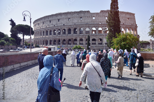 Rome ,Italy - June 2019 -  Colosseum in Rome. Colosseum is the most landmark in Rome. Huge Roman amphitheatre.