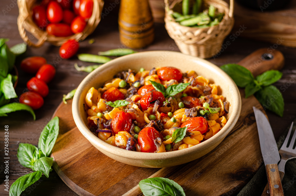 Corn paste with roasted tomatoes and fresh peas and onion Corn paste with roasted tomatoes and fresh peas and onion