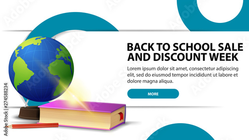 Back to school sale and discounts week, modern discount banner with fashionable design for your website with globe and school textbooks