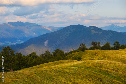 beautiful mountain landscape  blue mistu mountain and green mountain pasture