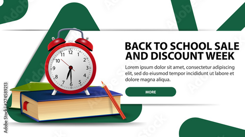 Back to school and discounts week, modern discount banner with fashionable design for your website with school books and alarm clock