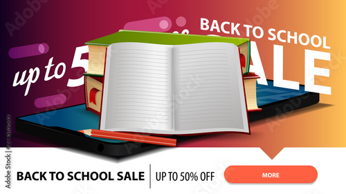 Back to school sale, modern discount web banner for your website with a smartphone, school textbooks and notebook