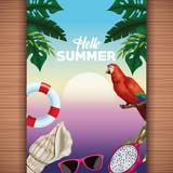 Hello summer card on wooden background