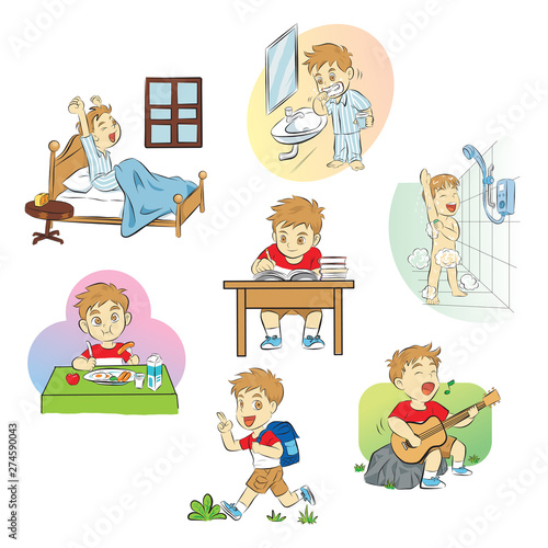 set of daily boy wake up brushing teeth take a shower breakfast learn walk guitar vector illustration isolated cartoon background