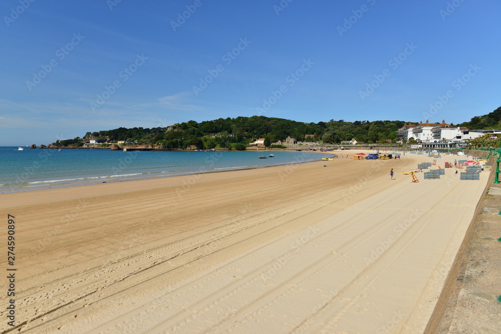 St Brelades Bay, Jersey, U.K. Summer resort beach in the morning.