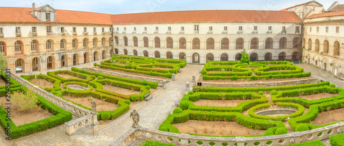 Panorama of Mosteiro de Santa Maria de Alcobaca with cloister of silence. The complex of Alcobaca is a medieval roman catholic Monastery. Cistercian architecture. Alcobaca, Central Portugal.