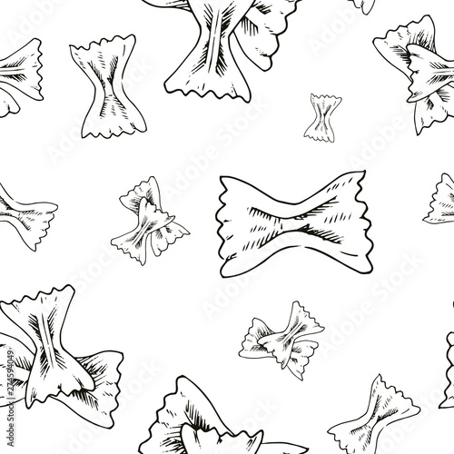 Sketch pasta pattern. Hand drawn seamless background with sketch style pasta and macaroni. Monochrome vector backdrop.