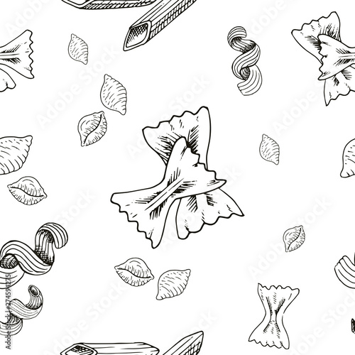 Sketch pasta pattern. Hand drawn seamless background with sketch style pasta and macaroni. Monochrome vector backdrop.