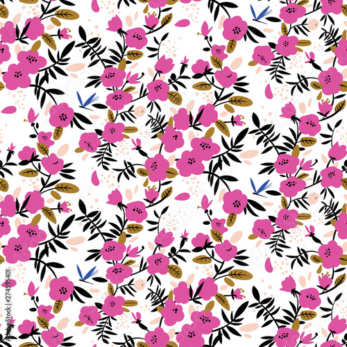 Seamless pattern with bright pink flowers
