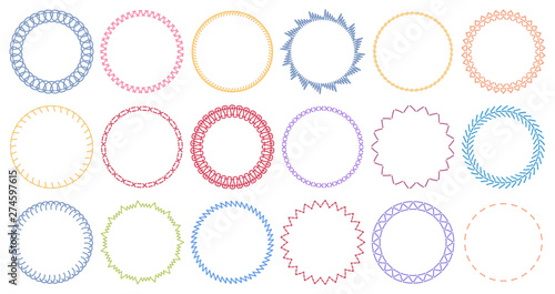 Sewing circle frames. Embroidered borders, stitched round frame and sew seams border pattern. Circle napkin crochet frames, victorian sewing ring. Isolated vector illustration symbols set