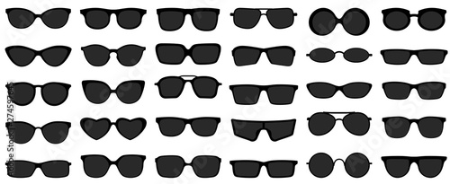 Sunglasses icons. Black sunglass, mens glasses silhouette and retro eyewear icon. Polarized geek glasses, hipster sun lens ocular. Isolated symbols vector set photo