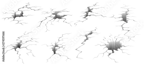 Ground cracks. Earthquake crack, hole effect and cracked surface. Aging or dried ground effects, earth environment danger damage cracks, land destruction. Isolated vector illustration icons set