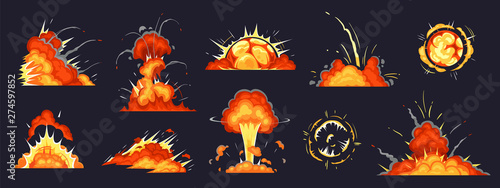 Cartoon bomb explosion. Dynamite explosions, danger explosive bomb detonation and atomic bombs cloud comics. Bomb dynamites detonators mobile game animation. Isolated vector illustration icons set