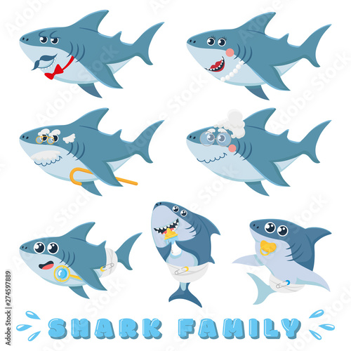 Cartoon sharks family. Newborn baby shark, comic marine father and cheerful mother sharks characters. Ocean fish family, sea underwater sharks predator. Isolated vector illustration icons set