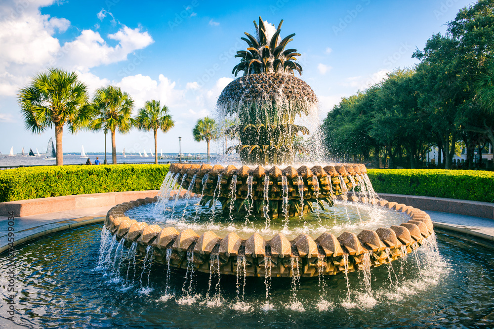 Naklejka premium Malowniczy widok wody płynącej z fontanny w kształcie ananasa w popołudnie błękitnego nieba na nabrzeżu w Charleston, Karolina Południowa, USA