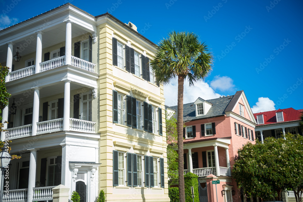 Brightly colored colonial architecture in the historical heart of Charleston, South Carolina, USA