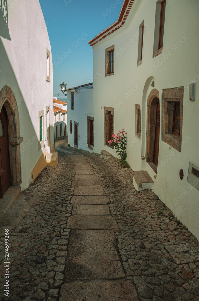 Old houses with whitewashed wall in an alley of Marvao