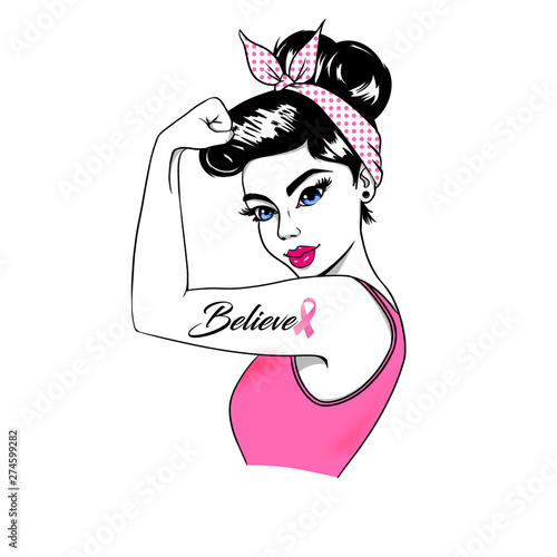 strong girl, pink, believe, on white background