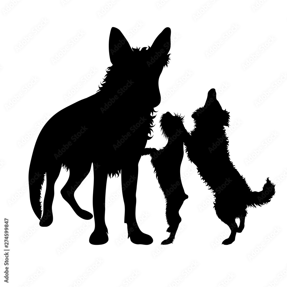 Vector silhouette of group of dogs. Symbol of animal friends on white background. Funny activities.