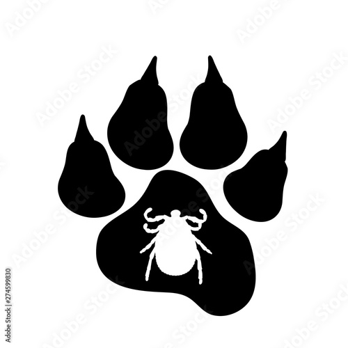 Vector silhouette of tick and dog pawn on a white background. Symbol of parasites.