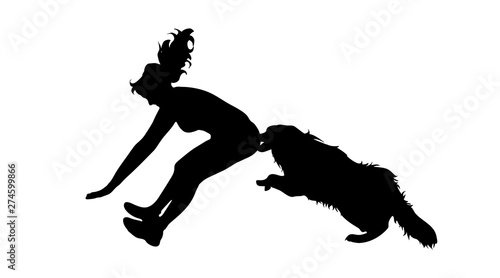 Vector silhouette of woman who running away from an aggressive dog. Symbol of anger animal on white background.