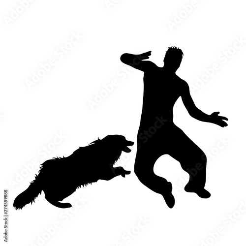 Vector silhouette of man who running away from an aggressive dog. Symbol of anger animal on white background.
