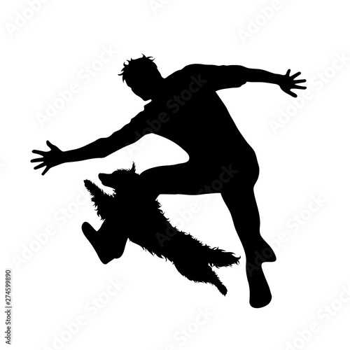 Vector silhouette of man who play with dog on white background. Symbol of friends and funny activities.