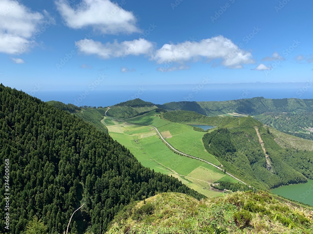 view of mountains on São Miguel island, Azores, Portugal near Sete Cidades