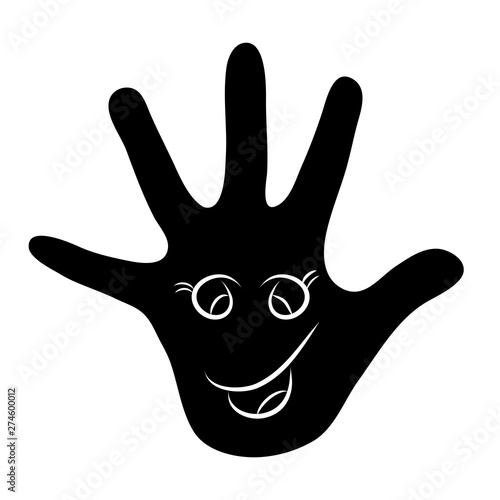 Vector silhouette of child  s hand shows drawing face on the palm. Symbol of childhood.