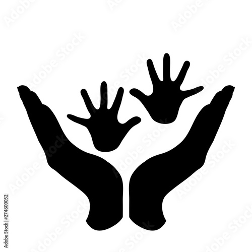 Vector silhouette of a hand in a defensive gesture protecting a baby. Symbol of insurance, boy, girl, child,protection.