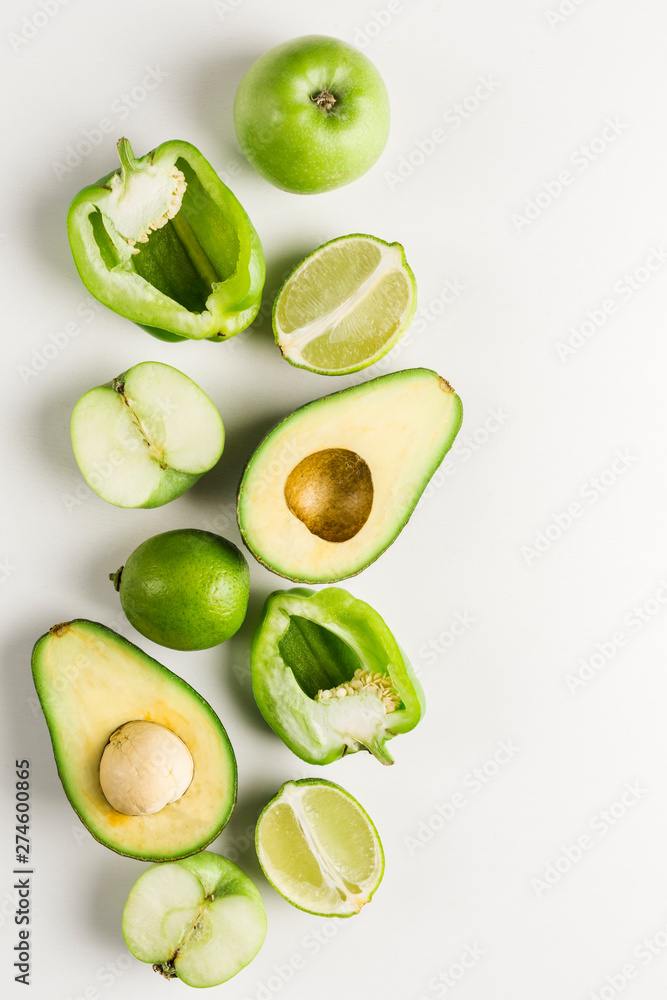 Green vegetables and fruits on white background Green vegetables and fruits on white background