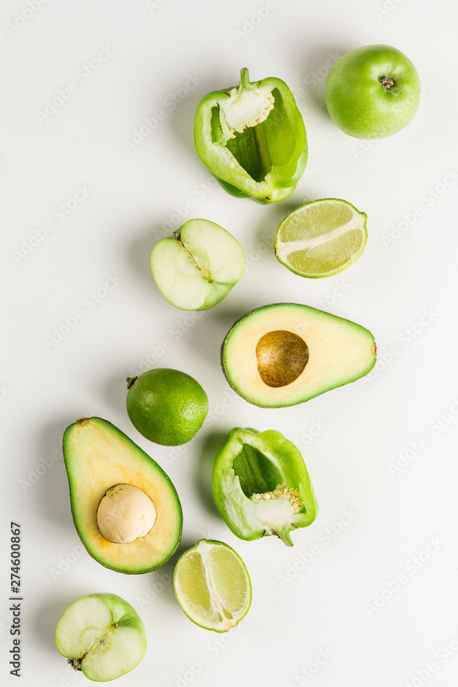 Green vegetables and fruits on white background Green vegetables and fruits on white background