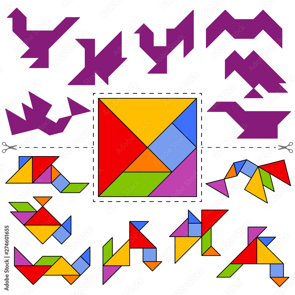 Set of vector tangram puzzles (geometric puzzle) for the development of  logical thinking of children and adults. Collection of 7 birds shapes and  answer card. Vector illustration Stock Vector | Adobe Stock