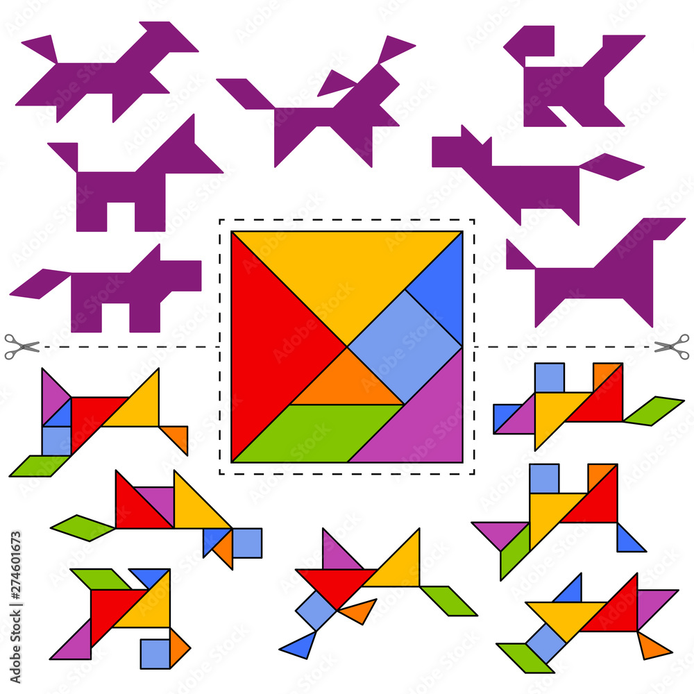 Set of vector tangram puzzles (geometric puzzle) for the development of  logical thinking of children and adults. Collection of 7 dog shapes and  answer card. Vector illustration Stock Vector | Adobe Stock