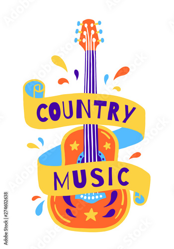 Vector hand draw illustration with acoustic guitar and lettering. Country music Great element for music festival or t-shirt. Event Creative Poster Concept.