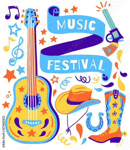 Illustration set for Country music festival banners. Vector hand drawn concept. Set has a guitar, hat, boot, gun, tape and other elements.