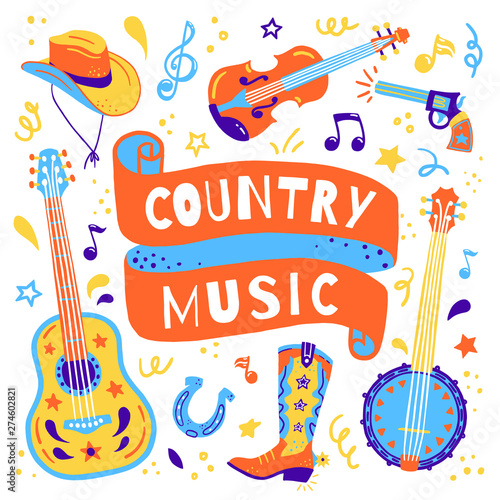 Illustration set for Country music festival banners. Vector hand drawn concept. Set has a guitar, violin, banjo, hat, boot, gun and other elements.