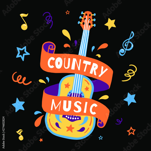 vector hand draw illustration with guitar and country music lettering. Perfect for decorating the festival. The poster or the poster on a black background