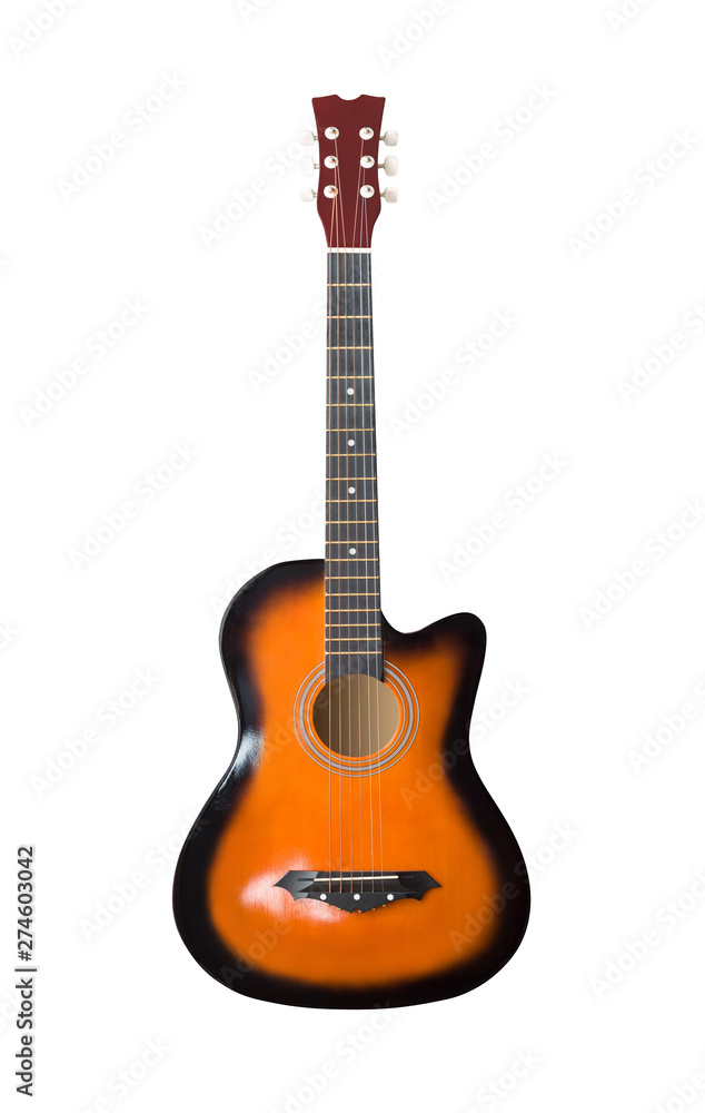 Wooden brown acoustic guitar. Classical musical instrument isolated on white background