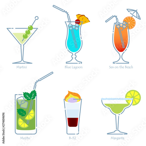 Holidays club party summer cocktails. Vector.