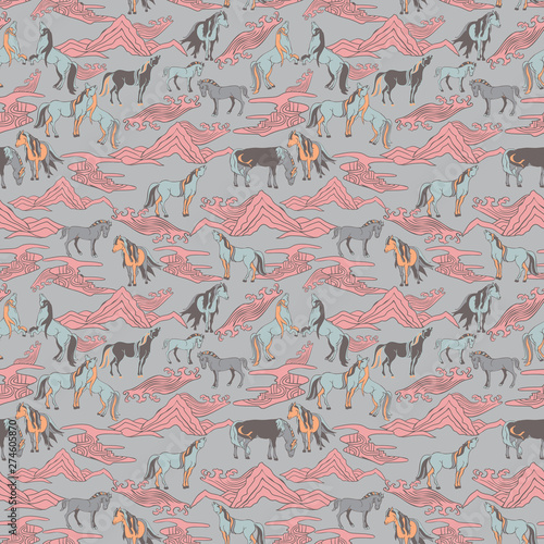 Seamless illustration of relaxing and playful horses in different poses, stylized mountains, hills, winds and rivers. Vector pattern in shades of grey, pink, cream, tan, sage and brown. Designed for