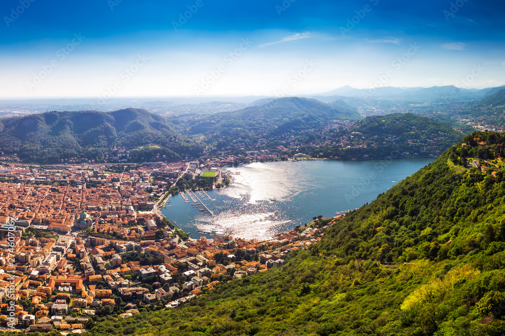 Como town on the Lake Como surrounded by mountains in the Italian region Lombardy, Italy, Europe