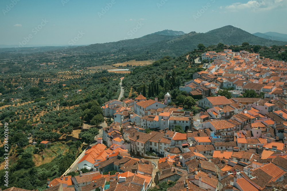 Fototapeta premium City landscape with old building roofs and church steeple