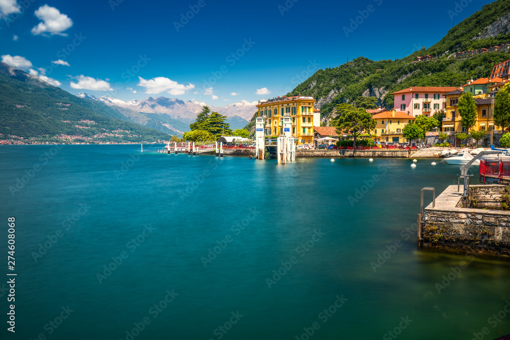 Varenna old town with the mountains in the background, Italy, Europe